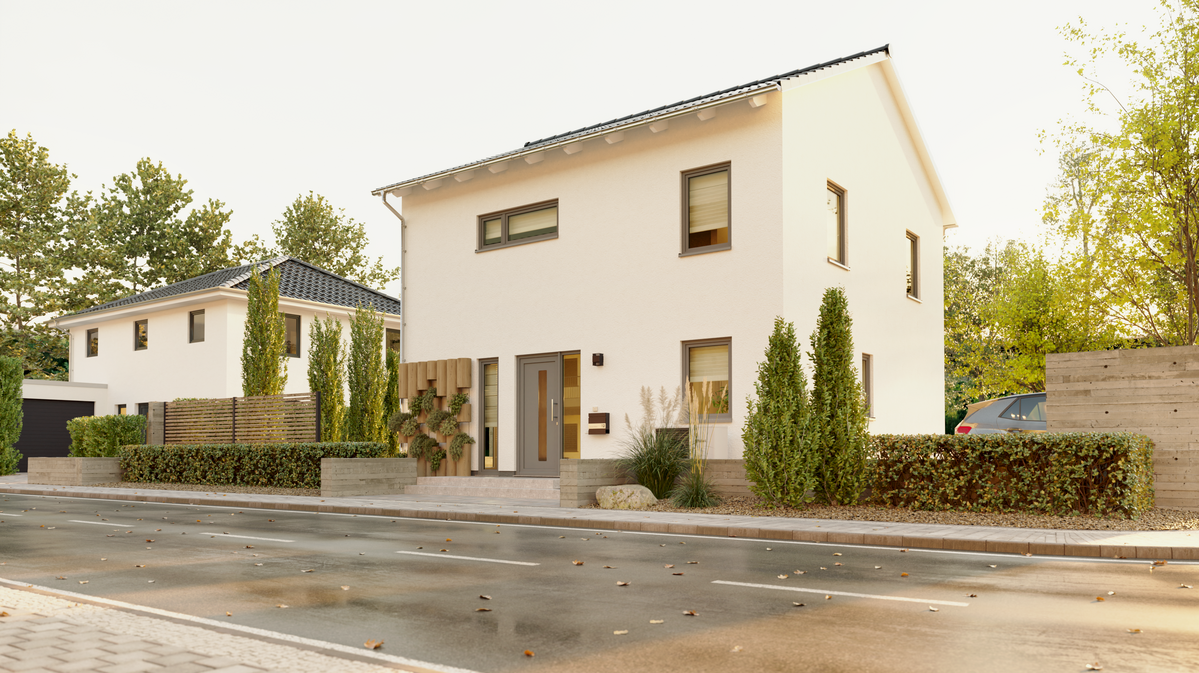 Stadthaus Flair 124 – Ihr modernes Zuhause mit klarer Linie und viel Licht Außenansicht des Stadthauses Flair 124 von Town & Country Haus: kubische Architektur mit großzügigen Fensterflächen und stilvoller Fassade, ideal für urbanes Wohnen